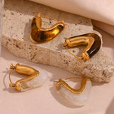 GETADME Ins Blogger Style Fashion Textured Acrylic Amber Green White Gold Plated Steel V Shape Hoop Earrings zielone kolczyki damskie