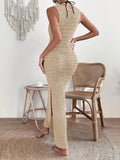 GETADME Fashionable and elegant hollow out dress with round neck and waist clip skirt, sleeveless slim fit woolen dress for women
