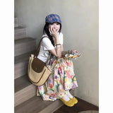 GETADME 플로럴 케이크 하와이안 스커트 유화 스타일 봄 여름 A라인 스커트 튤 스커트 한국 스트리트웨어 Y2K 롱 스커트 여성