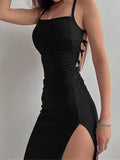 GETADME Sexy Black Long Bodycon Dress Women Summer Sleeveless Blackless Halter Neck Spaghetti Strap Dresses High Split Vestidos