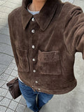 GETADME Vintage Brown Suede Women's Jackets Turn Down Collar Long Sleeve Single Breasted Female Pockets Coats 2025 Autumn Ladies Outwear