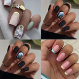 Getadme 24pcs Long Square False Nails French Mint Camellia Ink Earth Aurora Rainbow Fake Nails Full Cover Press on Nails Nail Tips