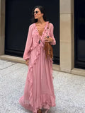 GETADME Elegant Solid Multiple Flounces Lace Up Dresses Chic Loose V Neck Full Sleeve Robes New Lady Summer Commute Vacation Gown 2025