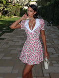 GETADME Sweet Floral Printed Ruffle Hem Dress Chic A-line Lapel Puff Sleeve Dresses For Women 2025 Summer Lady Holiday Street Gowns New