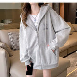 GETADME Women Embroidery Print Sporty Chic Hoodies Casual Zip Up Long Sleeve Loose Jacket Coats Harajuku Hooded Sweatshirts Streetwear