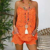 GETADME Women's Cotton Linen Sleeveless 2-Piece Set Hollow Embroidery Ruffled Camisole Tassel Vest Drawstring Shorts Printed Casual Set