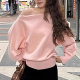 GETADME Batwing Long Sleeve Knitted Pullover Women 380g Thick Off Shoulder Top Korean Fashion Sweater Loose Casual Autumn Outwear Pull