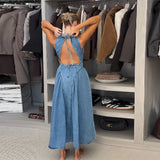 GETADME 캐주얼 라운드넥 레이스업 백리스 데님 드레스 슬리브리스 하이웨이스트 루즈 지퍼 로브 여름 하이스트리트 섹시 솔리드 의류