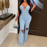 GETADME Casual Denim Jumpsuit Summer Women 2025 Strapless V Neck Zip Up Hole Street Trend Wide Leg Pants Club Romper With Pockets