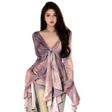 Women's long sleeves V-neck Shirt Women's Summer Design Sense Gradient Tie Dyed Ruffle Flare Sleeve Top