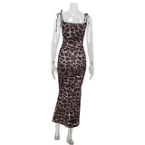 GETADME Women's Trend Low Cut Spaghetti Strap Lace Up Leopard Print Ruched Split Party Maxi Dress Slim Club Holiday Casual Long Vestidos