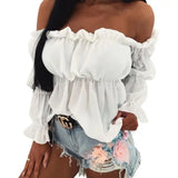 GETADME Women's Fashion One-line Collar Waist Shirt Women's Pleated Casual Long Sleeve Solid Color Shirt Woman