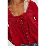 GETADME Combhasaki Women's Y2K Fairy Long Sleeve Square Neck Shirts Lace Patchwork See-through Tie-up Front Button-down Blouse Crop Tops