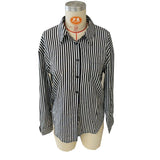 GETADME Classic Striped Turn-down Collar Buttons Long Sleeve Back Hollow Out Bow Baggy Blouses Shirts Pockets Office Lady Elegant Top