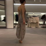 GETADME 2026 Vintage Embroidery Lantern Pants Set Women Chic Sequin Splice Mesh Spaghetti Strap Backless Sling Suit Lady Daily Date Wear
