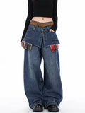 GETADME 2025 Ropa Y2K Streetwear Plaid Patchwork Baggy Stacked Jeans Pants For Women Clothing Vintage Blue Wide Leg Lady Denim Trousers