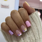 GETADME 24Pcs Short Square Coffin False Nails Square Fake Nails with Glue French Glitter Wearable Acrylic Nails Set Press on Nail Tips
