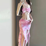 GETADME 여성용 롱 드레스 비키니 홀터넥 섹시 수영복, 탈부착 가능한 패드 포함, 비치 커버업, 휴가용 바디 셰이핑용 플로위 수영복