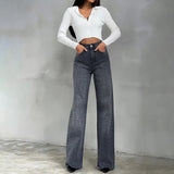 GETADME High Quality Gray Leopard Printed Pockets Straight Trousers Autumn&Winter Trend Club Slim Streetwear Long Pants Ladies 2025