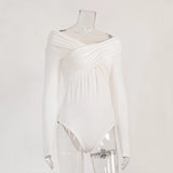 GETADME Autumn 2025 Fashion Overlapping Fold Off-the-shoulder Solid Color Female Bodysuit Long Sleeved Simple All-match Slim Basic Top