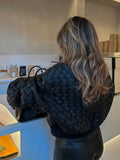 Getadme Weave Pu Leather Jacket Coat Black Long Sleeve Spliced Qulited Short Jackets  Winter Women Long Sleeve Warm Overcoat