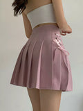 Women Skirt Pink Bandage Pleated Skirts High Waist Solid Skinny Summer Kawaii Preppy Style Female Clothes Bottom Students Korean