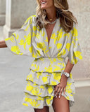 GETADME Women's Sport Dress V-Neck Loose Batwing Sleeve Elastic Waist Printed Dress Mini Casual Ruffle Hem Dresses
