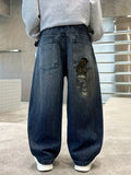 GETADME Boy's Loose-Fit Trendy Rear Pocket Embroidered Design Denim Straight-Leg Pants, Comfortable Stretch Elastic Waist.