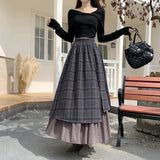GETADME Vintage Plaid Woolen Midi Skirt Women Japanese Harajuku Patchwork Asymmetrical Skirts Winter Korean Casual Design A Line Faldas