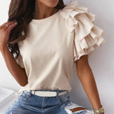 GETADME Fashion Ruffled Short Sleeved Women's Blouse Summer Simple Round Neck Elegant Office Irregular T Shirt Solid Casual Tees Tops