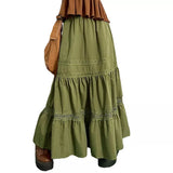Getadme- 90s Vintage Green Pleated Skirts Korean Fashion Holiday Boho High Waist Long Skirts Retro Y2K Fairycore Cute Lace Trim Clothes