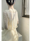 Gilet d'été abricot en dentelle pour femme, style coréen, col V, manches longues, court, coupe ajustée, protection solaire.