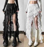 GETADME Tassels Women Skirts Irregular Hem Multi-Layered Ruffles Lace Ruffles Patchwork Sweet Skirts Sexy High Waist Y2k Party Clubwear