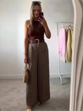 GETADME HipSeam Women Satin Trousers With Belt Spring Summer Simple Women's Pants Versatile Female Loose Pants Pocket Wide Leg Pants