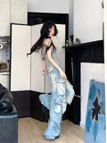 Women Pocket Cargo Denim Pants Y2K Retro Wash Loose High Waist Hot Girl Wide Leg Pants Fashion Street Casual Straight Leg Pants