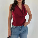 GETADME Elegant Halter Satin Swinging Collar Solid Color Fashion Women's Crop Top Slimming Backless Sleeveless Club Vests