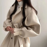 Vintage Women Coat Elegant Korean Fashion Solid Thick Warm Mid Length Lapel Belt Jacket Office Lady Slim Casual Outwear