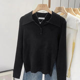 GETADME Women's Clothing Basic All-match Polo Collar Pullovers Autumn Winter Casual Loose Long Sleeve Sweaters Elegant Chic Button Tops