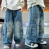 GETADME Boys Retro Jeans Spring Autumn New Teenager Children Fried Street Handsome Straight Loose Wide-leg Pants Kids Cargo Denim Jeans