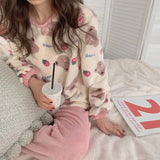 GETADME Winter Pajamas Round Neck Long Sleeve Cartoon Bear Warm Sleepwear for Winter Thickened Big Size Pajamas Coral Fleece Two-Piece