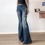 GETADME Flare Pants Jeans Women Embroidery Boot Cut Low Waist Washed Distressed Pockets Floor Length Streetwear 2025 Denim Trousers