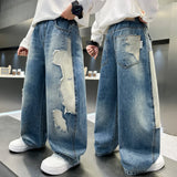 GETADME New Boys Spring Autumn Jeans Trendy Brand Fashion Patchwork Design Straight Loose Wide Leg Denim Pants for Middle Large Children