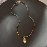 GETADME Vintage Brown Natural Stone Pendant Necklace for Women Fashion Geometric Long Leather Rope Necklace Sweater Chain Jewelry Gifts