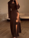 Getadme Autumn Winter Long Dresses Women Casual Flare Sleeve Bandage Patchwork Dress Female Elegant Fashion Slim Fit Solid Color Dress
