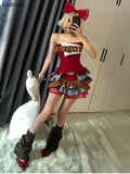 Getadme  Preppy Style Vintage Red Denim Bustier Tops + Sweet Spicy Pure Design Mini Cake Skirt Women 2 Piece Sets Summer 2025 Korea Style