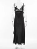GETADME 2025 Women Sexy V-neck Lace Patchwork Black Dress Y2K Streetwear Fashion Spaghetti Strap Irregular Split Solid Long Slip Dresses