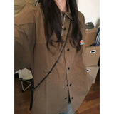 HOUZHOU Vintage Short Sleeve Shirt Streetwear Women Oversize Button Up Korean Fashion Chic Cool Blouse Aesthetic Hippie Japanese