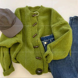 GETADME Green Knitted Cardigan Sweater Coat 2025 Women's Autumn Winter Thickened Soft Outerwear Fashion Horn Buckle Knitwears Sweater