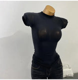 GETADME Women'sTurtleneck Ribbed Knit Slim Fit Crop Top Casual Basic T-Shirt Tight Knit Sexy Fitted Cropped T-Shirt