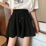 GETADME 2025 Women Elastic High Waist Casual Wide Leg Shorts Summer Shorts Skirts Korean A Line Loose Mini Skirt Black Short Pants